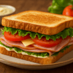 Fresh ham and cheese sandwich with lettuce and tomato on toasted bread, served on a plate